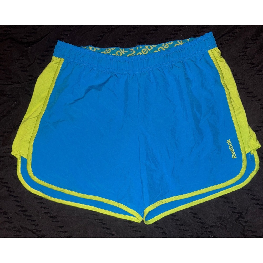 Reebok Workout Ready Women's Lined Blue & Green Running Shorts, Size Medium